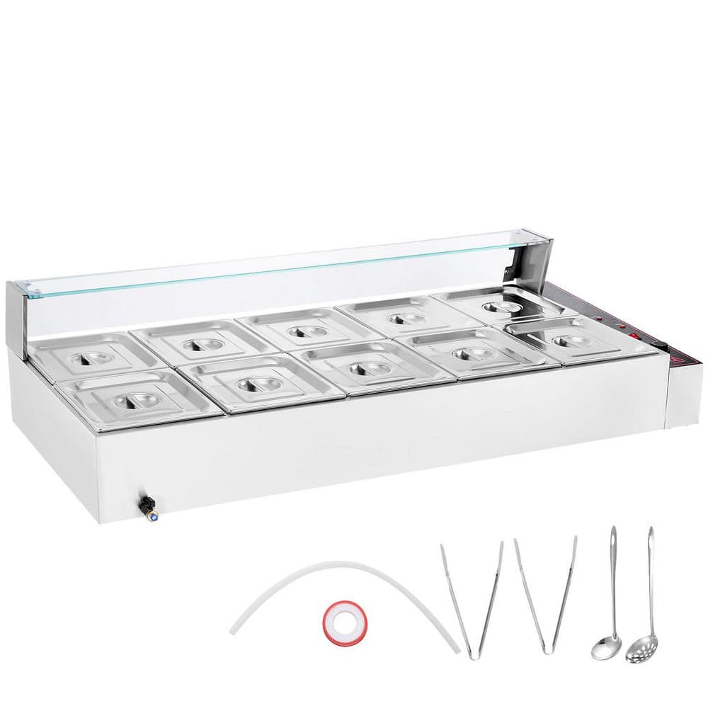 10-Pan Commercial Food Warmer-10 x 8 qt. 1700W Electric Steam Table with Glass Cover, Stainless Steel Countertop