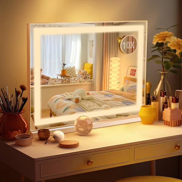 22 in. W x 18 in. H Rectangular Framed LED Tabletop Bathroom Makeup Mirror in White with 3-Color Dimmable Lights