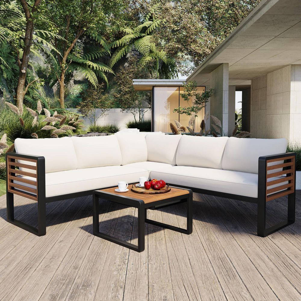 4-Piece Wood Outdoor Sectional L-shaped Sofa with Beige Cushion and a Coffee Table price history on PriceWatchPro