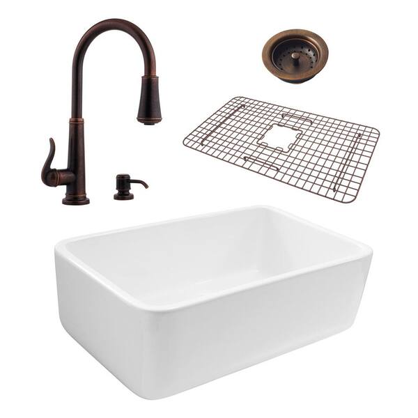 SINKOLOGY Bradstreet All-in-One Reversible Farmhouse Fireclay 30.5 in. Kitchen Sink with Pfister Rustic Bronze Faucet