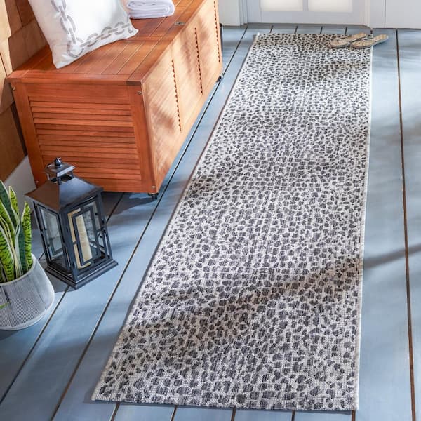 Courtyard Gray/Black 2 ft. x 12 ft. Cheetah Geometric Indoor/Outdoor Patio  Runner Rug