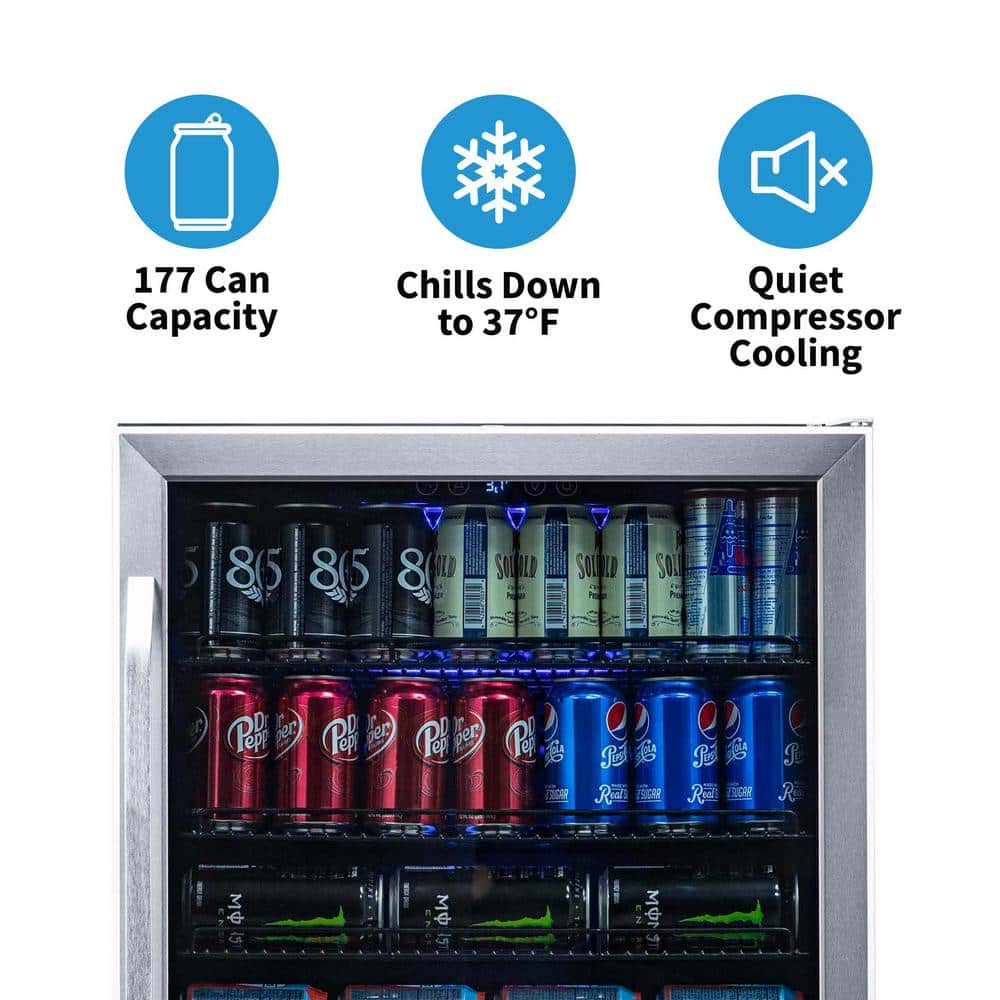 Stainless Steel 177-Can Beverage Fridge with Glass Door
