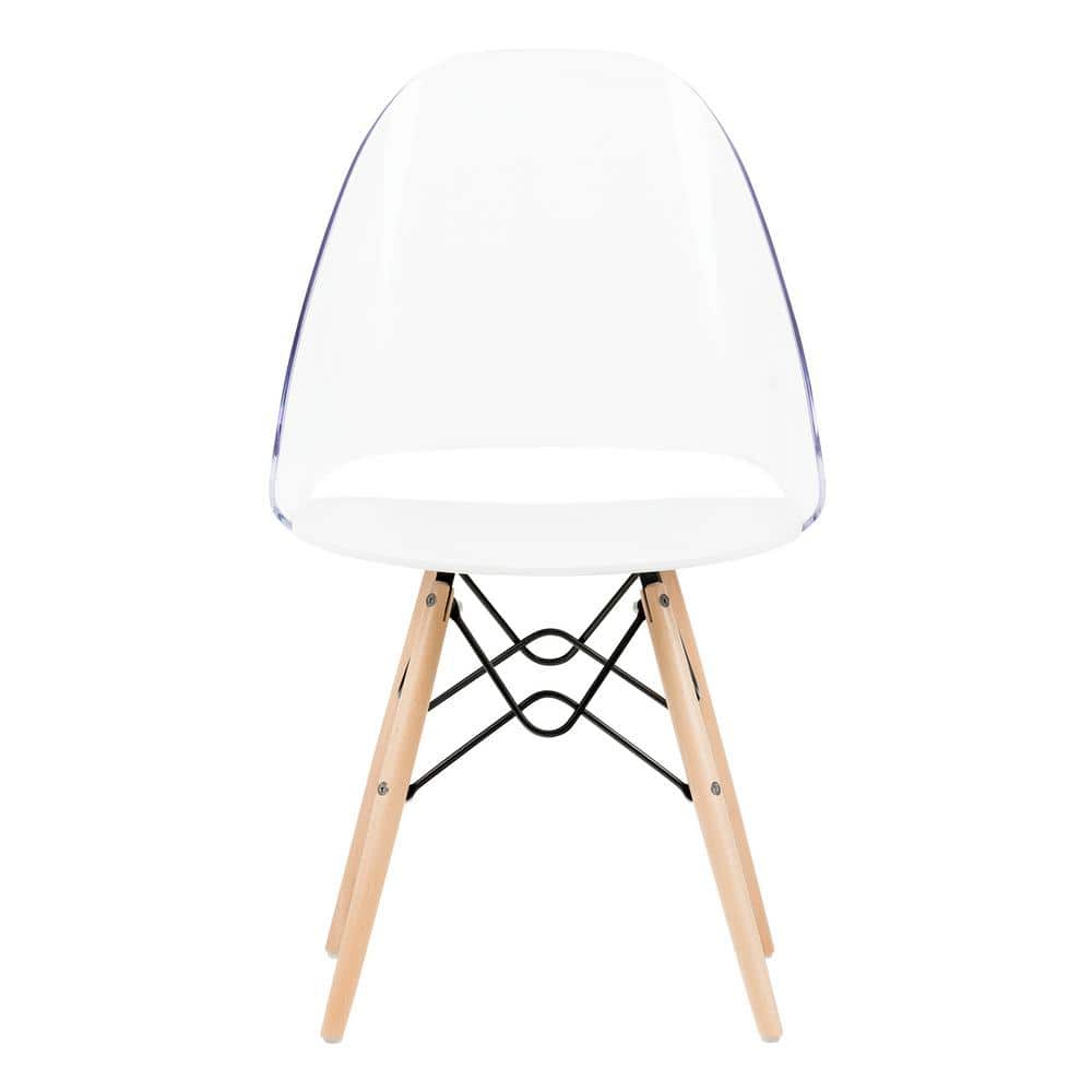 White and Clear Armless Swivel Dining Chair with Light Wood Legs
