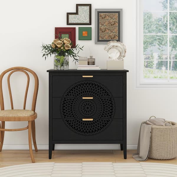 Noble House Drysian Black Modern 3-drawer 31.5 in. Wide Chest of Drawers with Metal Handles, Hollow Carved Design