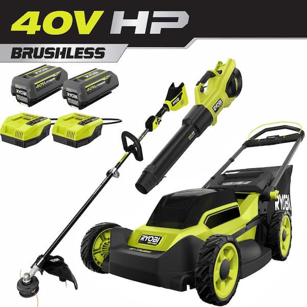 RYOBI 40V HP Brushless 20 in. Cordless Battery Walk Behind Push Mower, String Trimmer, & Blower - Batteries and Chargers