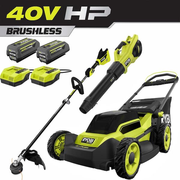 40V HP Brushless 20 in. Cordless Battery Walk Behind Push Lawn Mower, String Trimmer, & Blower - Batteries and Chargers