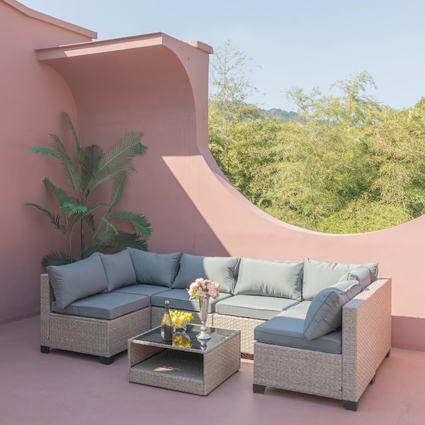 Unbranded 7-Piece Wicker Outdoor Patio Furniture Set, Boho Patio Glass Coffee Table Sectional Sofa with Gray Cushions
