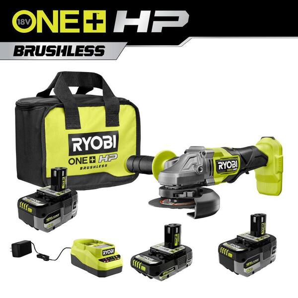 RYOBI ONE+ 18V Lithium-Ion 2.0 Ah, 4.0 Ah, and 6.0 Ah HIGH PERFORMANCE Batteries and Charger Kit w/ HP Brushless Angle Grinder
