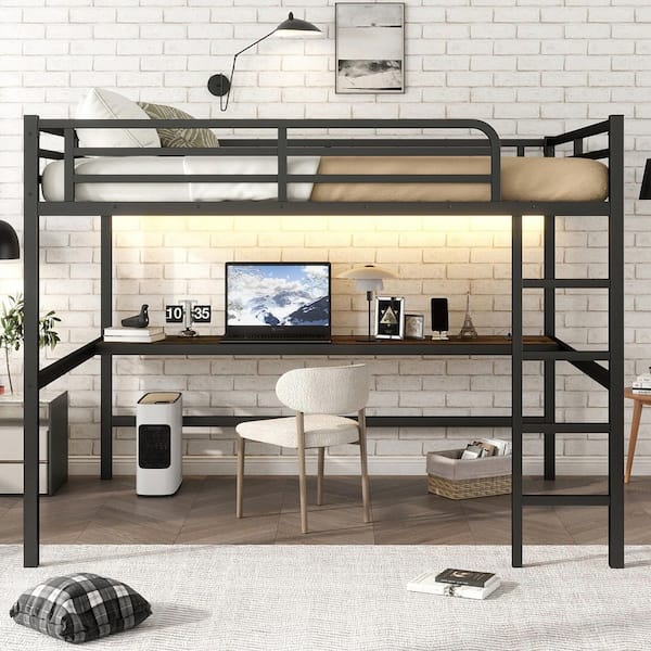 Black Queen Size Metal Loft Bed with Desk & Charging Station, Heavy Duty Loft Bed Frame with LED Light for Adults, Kids