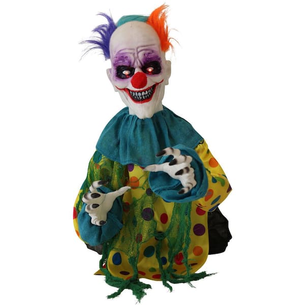 Haunted Hill Farm 24 in. Battery Operated Animated Poseable Clown with LED Eyes Halloween Prop