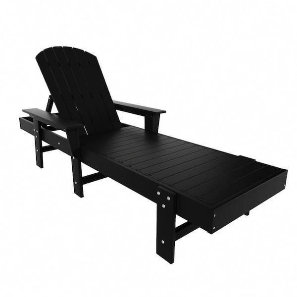 Altura Black HDPE Plastic Outdoor Adjustable Backrest Adirondack Chaise Lounger With Armrest
