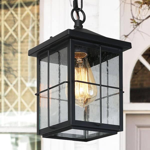 Mill Modern Farmhouse Black Outdoor Pendant Light 1-Light Coastal Hanging Lantern with Seeded Glass for Covered Patio