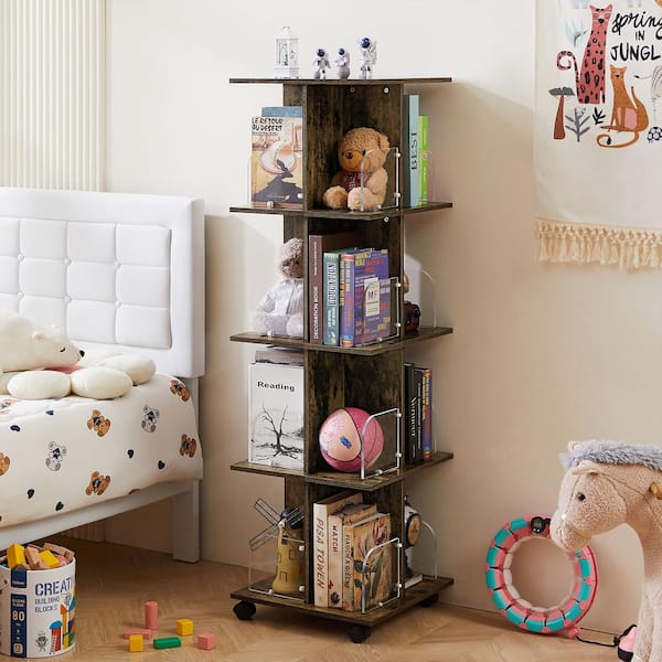 Bookcase Rotating Bookshelf, 50.39 in. Tall Brown Wood 4-Tier Shelf 360° Bookcase with Wheels and Acrylic Windows