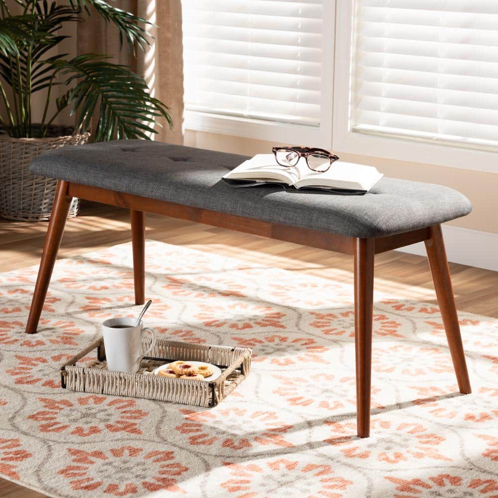Flora Medium Oak and Gray Upholstered Dining Bench