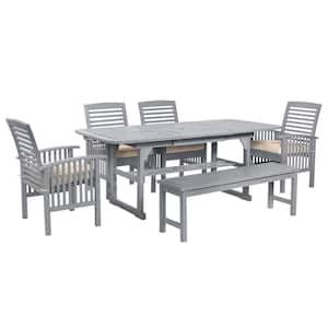 Chevron Grey Wash 6-Piece Wood Classic Outdoor Dining Set with Cream Cushions