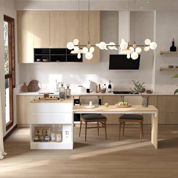 FUFU&GAGA White Wood 94.5 in. W Kitchen Island Dining Bar FUFU&GAGA White Wood 94.5 in. W Kitchen Island Dining Bar