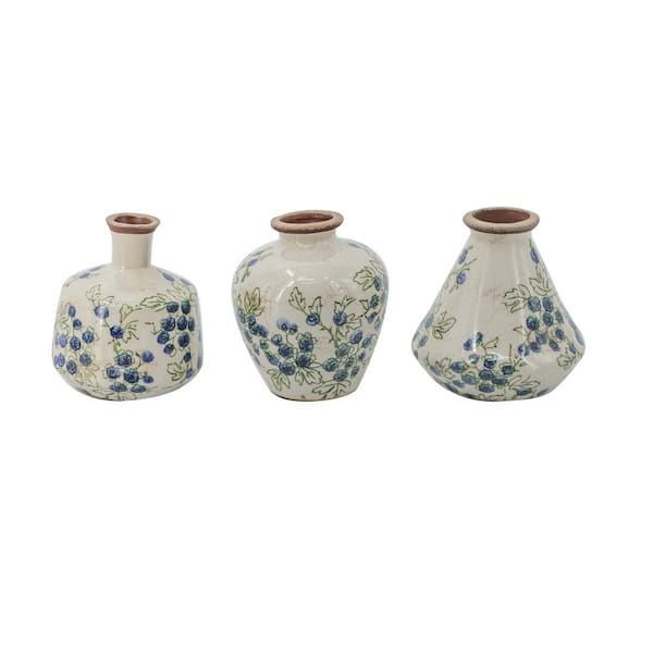 Set of 2 7.09 in. H White Ceramic Mini Vases with Blueberry Motif-Vintage Style Small Tabletop Decor for Flowers