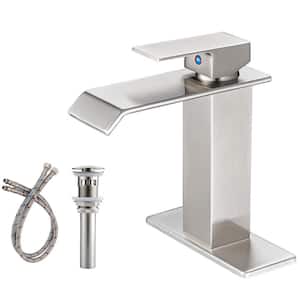 Waterfall Single Handle Single Hole Mid-Arc Bathroom Faucet Vanity Sink Faucet with Pop Up Drain in Brushed Nickel
