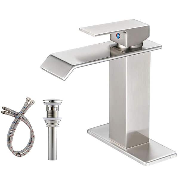 Unbranded Waterfall Single Handle Single Hole Mid-Arc Bathroom Faucet Vanity Sink Faucet with Pop Up Drain in Brushed Nickel
