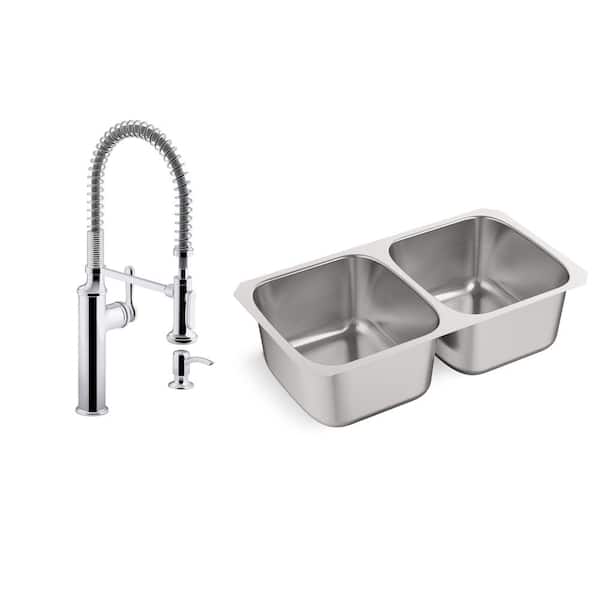 KOHLER Ballad Undermount Stainless Steel 31.5 in. Double Bowl Kitchen Sink with Sous Kitchen Faucet