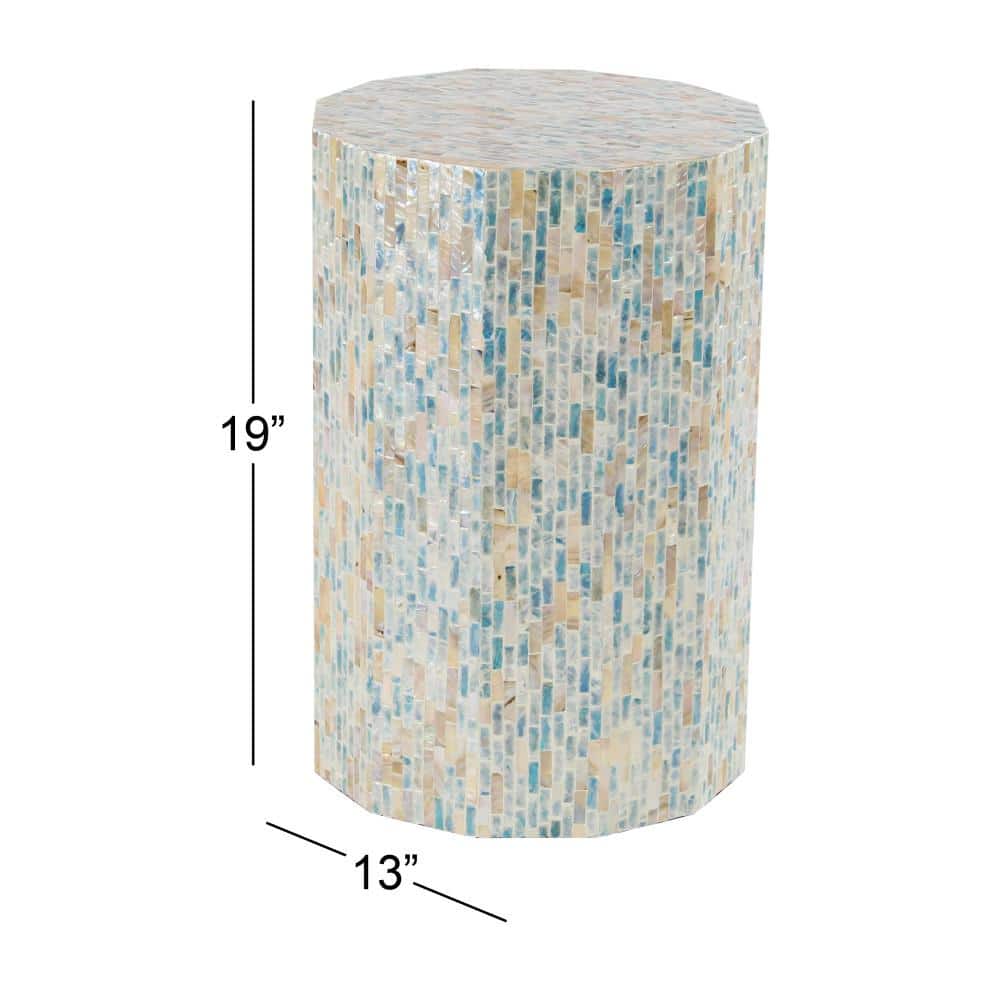 Elegant Blue Mother of Pearl 13" Round Wood Accent Table