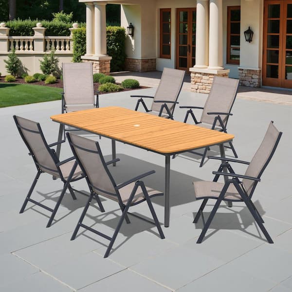 7-Piece Aluminum Outdoor Dining Set with 70.9 in. Table in Brown and Foldable Chairs in Espresso
