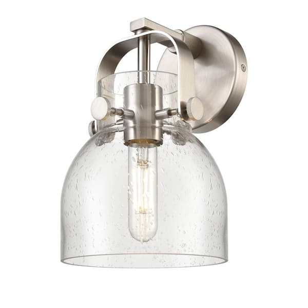 Innovations Pilaster II Bell 6.5 in. 1-Light Satin Nickel Wall Sconce with Glass Shade