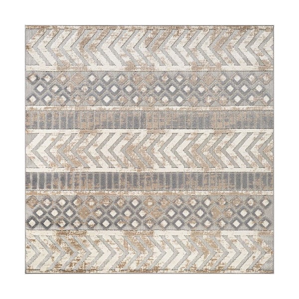 Distressed Geometric Beige 6 ft. 6 in. x in. 6 ft. 6 in. Square Indoor/Outdoor Area Rug