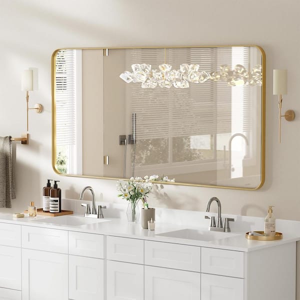 HOMEIBRO 40 in. W x 30 in. H Tempered Glass Rounded Rectangle Framed Wall-Mounted Bathroom Vanity Mirror in Gold