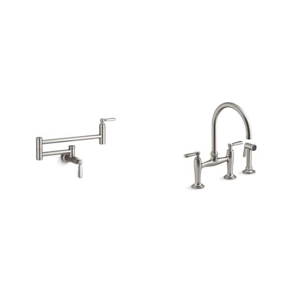 Edalyn By Studio McGee Pot Filler and Double-Handle Bridge Kitchen Faucet With Side Sprayer in Vibrant Stainless Combo