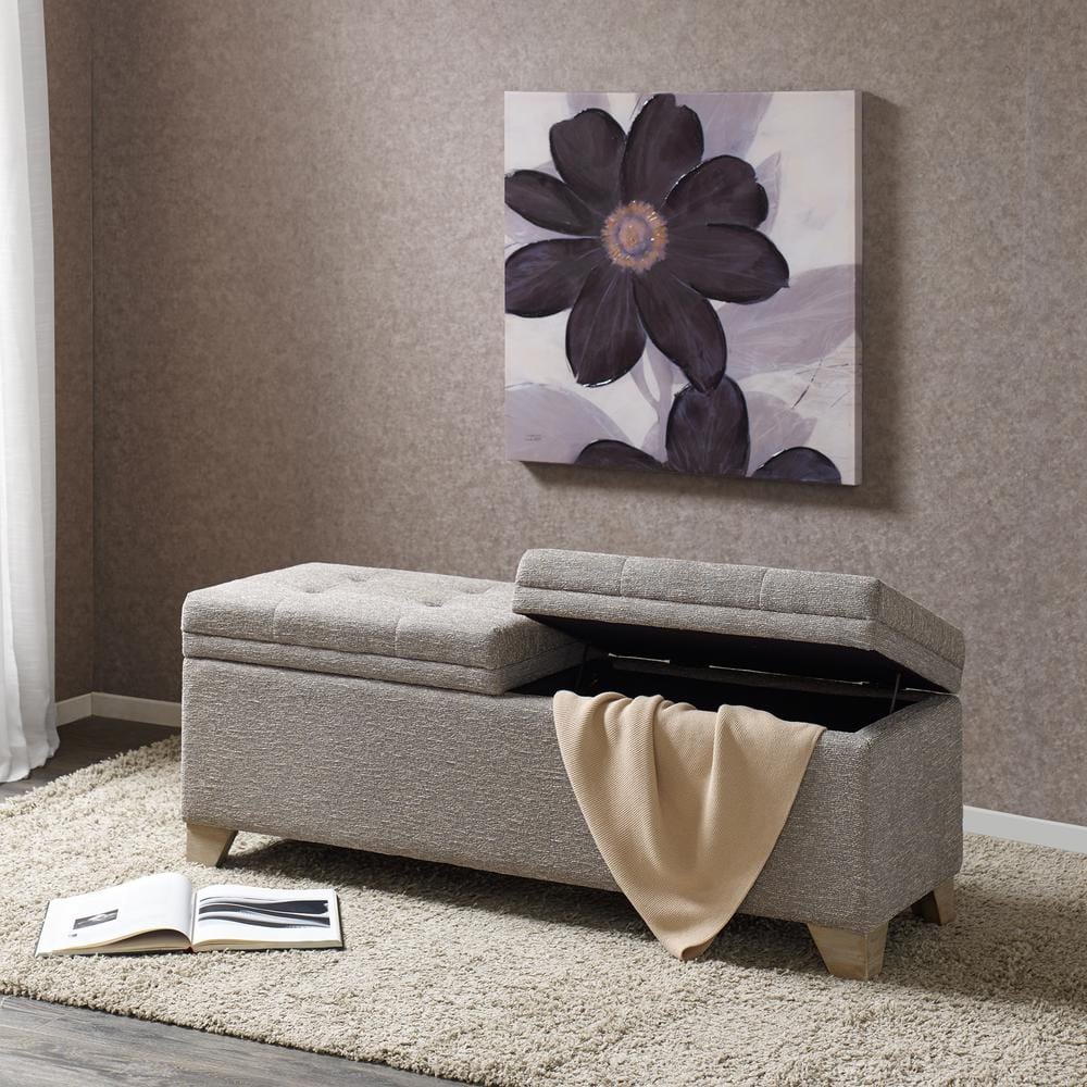 Gray Upholstered Storage Bench with Button-Tufted Top