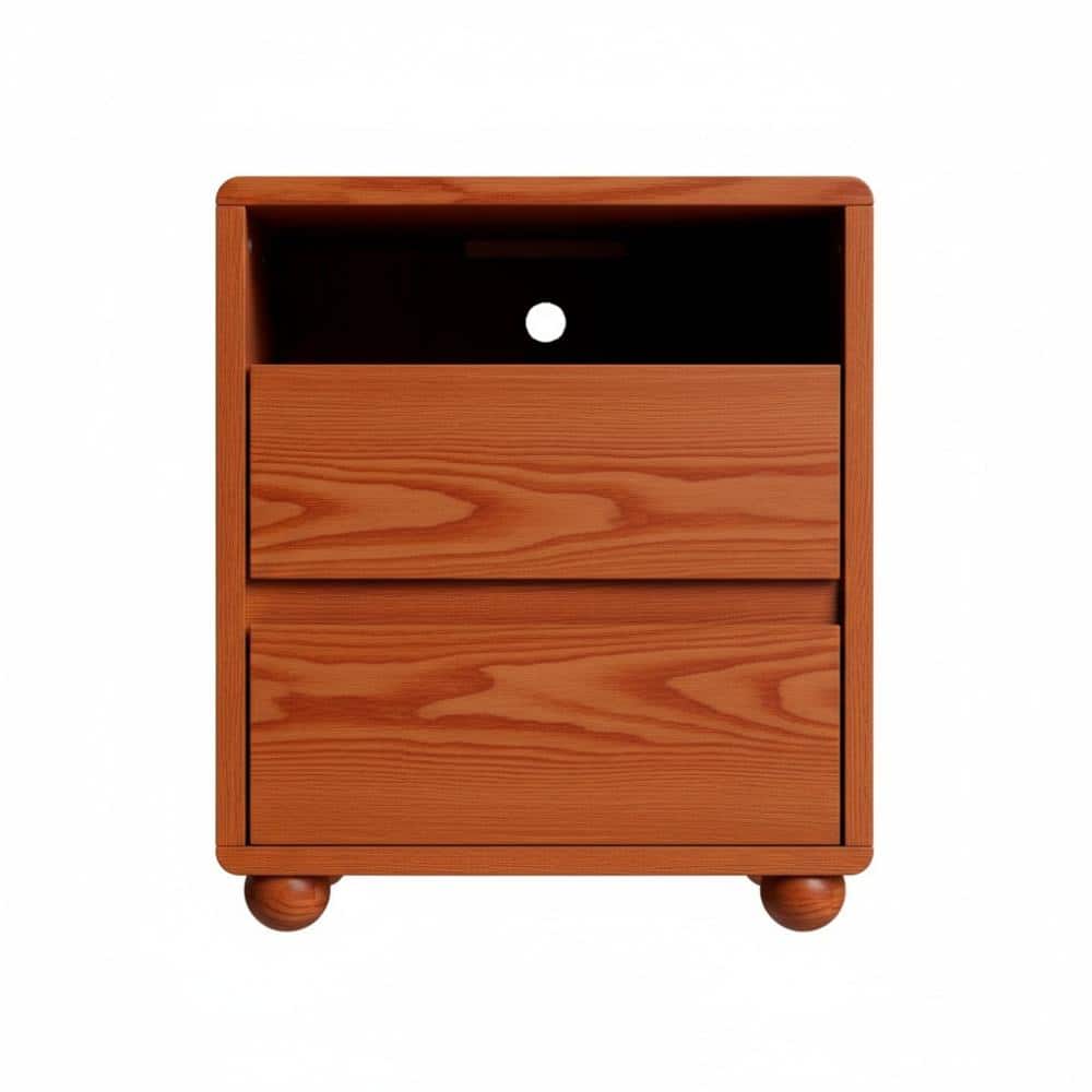Walnut 20 in. Solid Wood Nightstand with 2 Drawers and Charging Station Mid Century Modern Bedside Table Preassembled