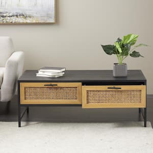 18 in. x 47 in. Black Medium Rectangle Wooden Handmade 2-Drawer Coffee Table with Rattan Drawer Fronts