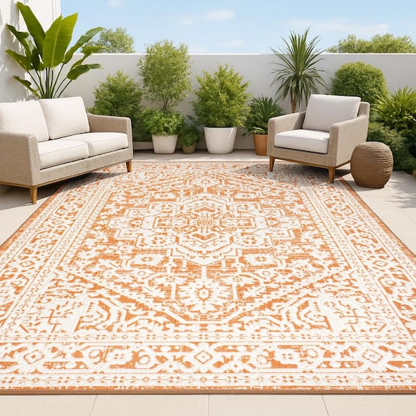Sinjuri Medallion Textured Weave Orange/Cream 9 ft. x 12 ft. Indoor/Outdoor Area Rug