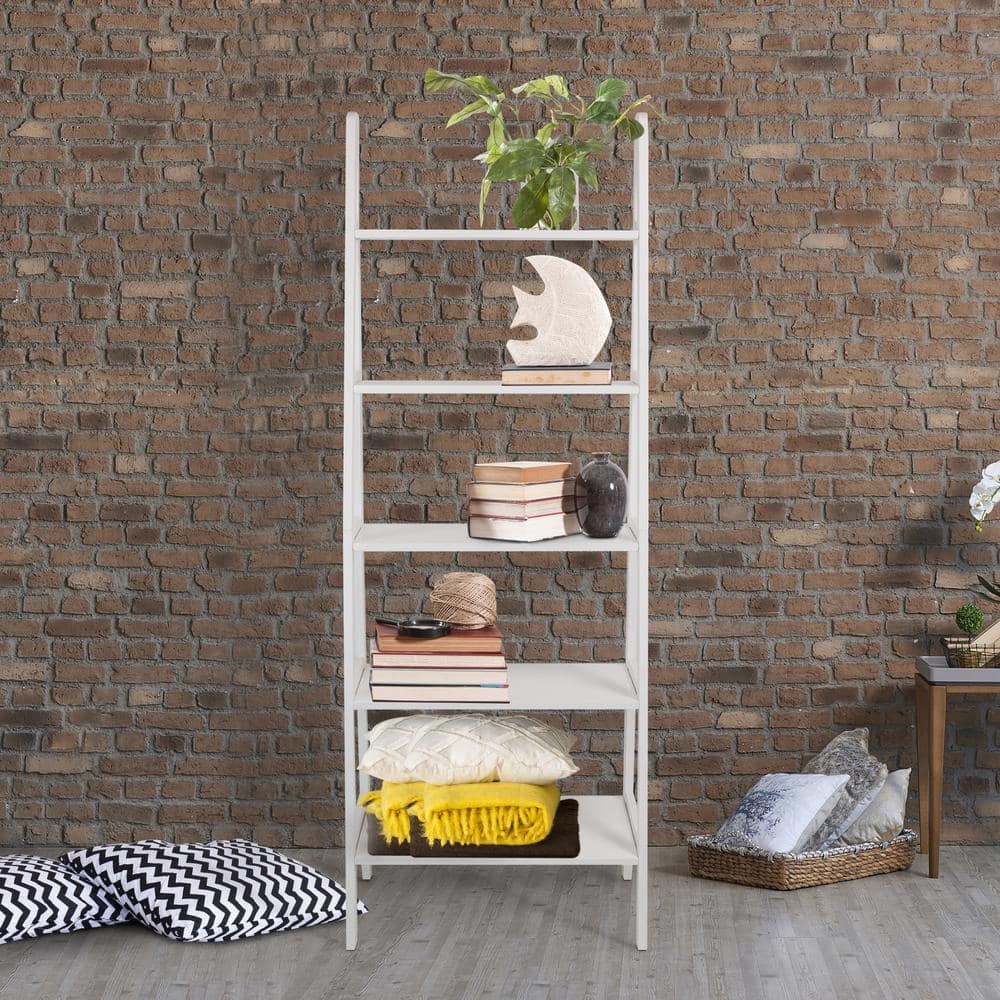 Cascading White Solid Wood 5-Shelf Ladder Bookcase