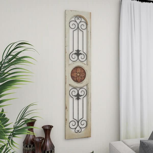 Gray Wood Distressed Door Inspired Ornamental Scroll Wall Decor with Metal Wire Details - Grey