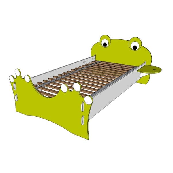 Legare Kid's Twin Bed with Frog Design Headboard and Foot board in Lime Green and White Colors