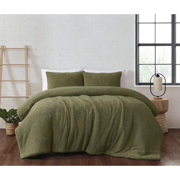Brooklyn Loom Marshmallow Sherpa Polyester Olive Green 3 Piece Full/Queen Comforter Set