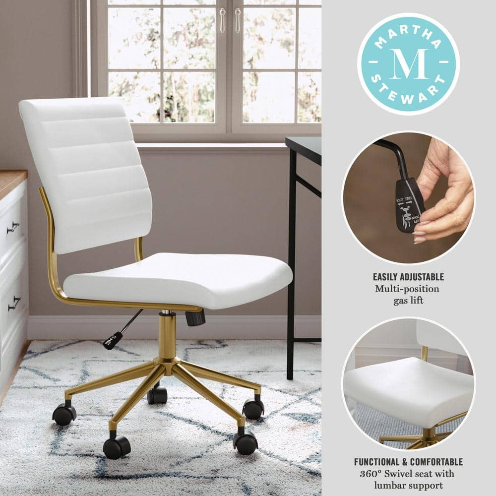 White Faux Leather Armless Swivel Office Chair with Brass Frame
