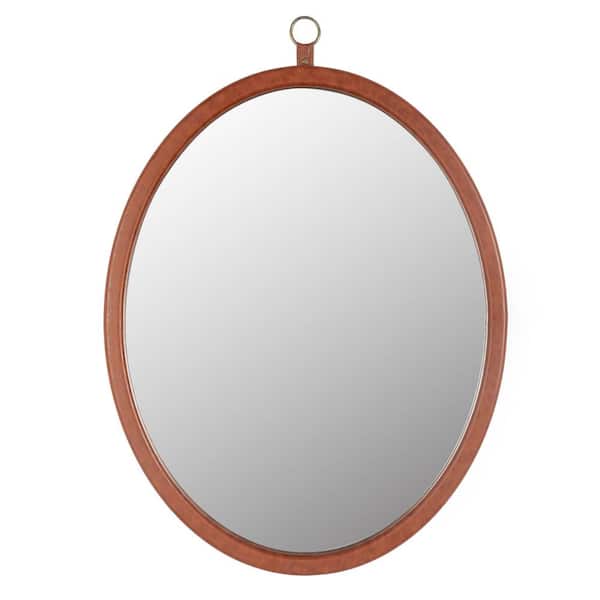 HBEZON 23.6 in. W x 29.9 in. H Small Oval PU Covered MDF Framed Wall Bathroom Vanity Mirror in Brown