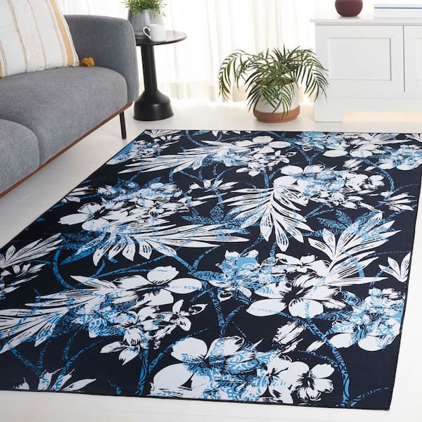 Malibu Black/Blue 4 ft. x 6 ft. Machine Washable Abstract Botanical Area Rug