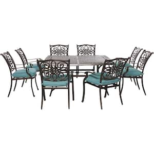 Traditions 9-Piece Aluminum Outdoor Square Patio Dining Set with Blue Cushions
