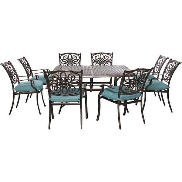 Hanover Traditions 9-Piece Aluminum Outdoor Square Patio Dining Set with Blue Cushions