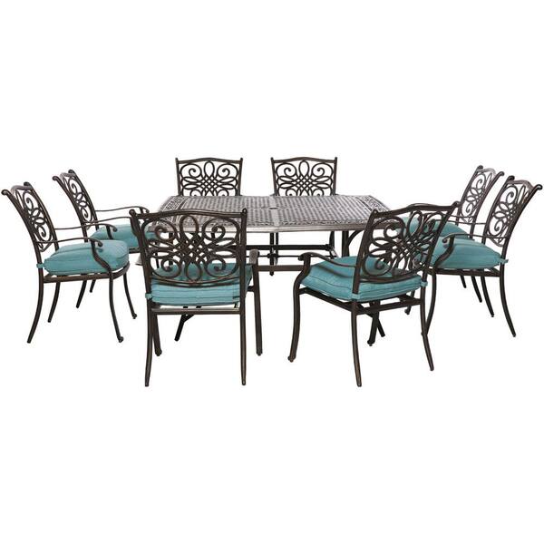 Hanover Traditions 9-Piece Aluminum Outdoor Square Patio Dining Set with Blue Cushions