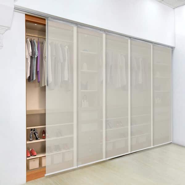 EMOH Ashy Mesh 58 in. x 110 in. W x 94 in. L Adjustable 5-Panel Satin Nickel Single Rail Panel Track with 23.5 in. Slates