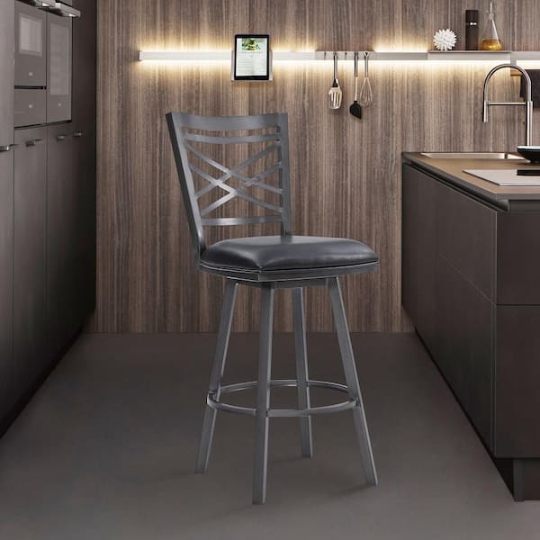 Armen Living Fargo 26 in. Counter Height Metal Bar Stool in Mineral Finish with Black Faux Leather