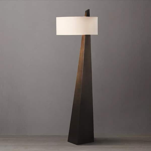 NOVA of California Obelisk 63 in. Chestnut Modern 2-Light Smart Dimmable Arc Floor Lamp for Living Room with White Linen Round Shade