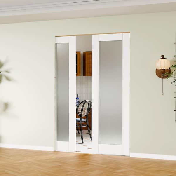 28 in. x 80 in. White Primed Solid Wood 1-Lite Forested Glass Pocket Door with Hardware Kit (Soft Close Included)