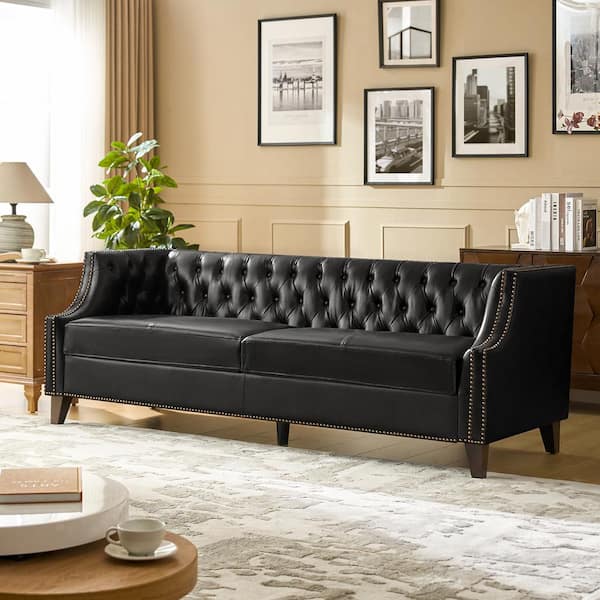 JAYDEN CREATION Ingvar Transitional 84 in. Straight Arm Leather Rectangle Sofa in Black