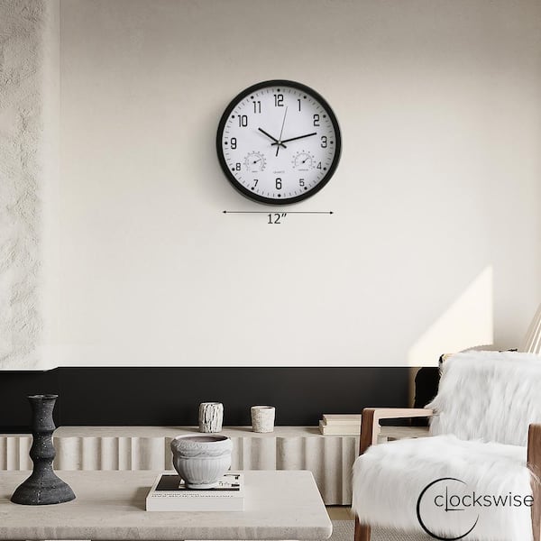 CLOCKSWISE 12 in. Non-Ticking Wall Clock Thermometer, Hygrometer